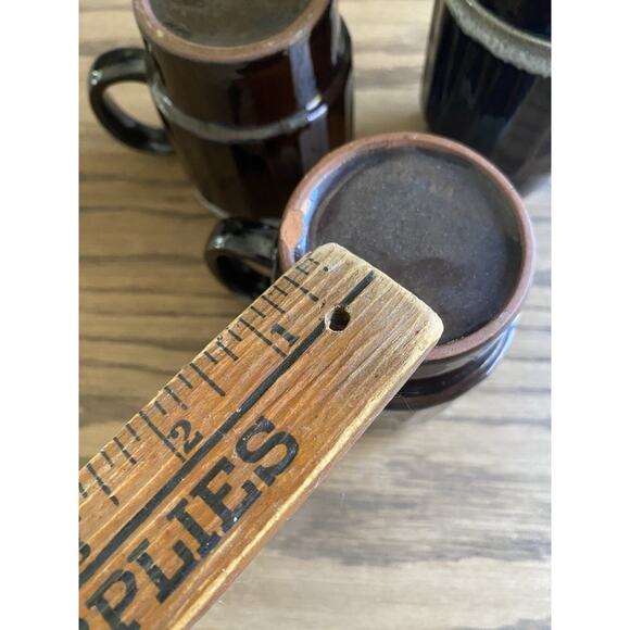 Vintage Midcentury Brown Drip Glaze Stackable Clay Coffee Mugs Set of 4 - Picture 5 of 7